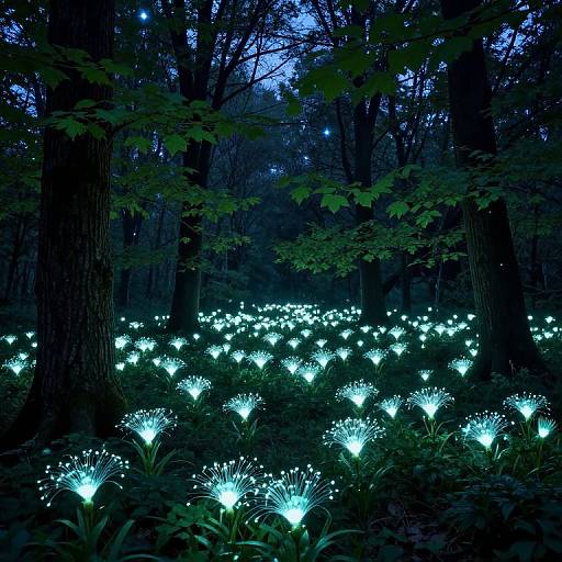 Photograph of a dark forest at night, illuminated by glowing, blue-green firefly-like plants scattered across the forest floor.