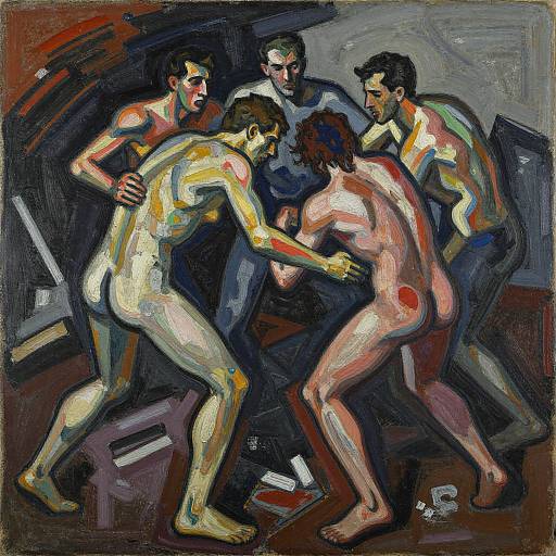 Expressionist painting: Five naked men, muscular and varied in skin tone, surround a nude man with a red mark on his buttock, in a