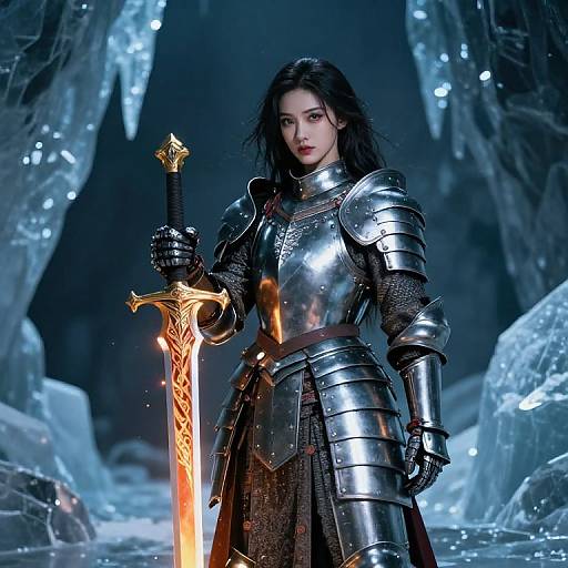 Digital fantasy artwork of a pale-skinned, dark-haired woman in silver armor holding a glowing, intricately designed sword in an icy cave.