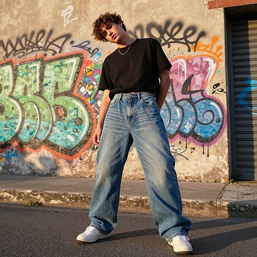 Boy Sagging Stylishly in Urban Streetwear