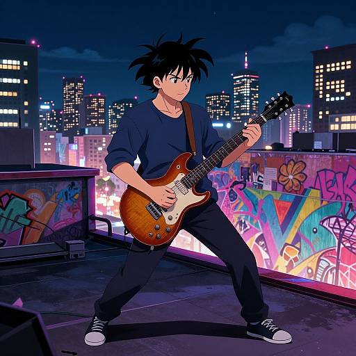 Anime-style drawing of a young man with spiky black hair, playing a brown electric guitar on a graffiti-covered rooftop at night, with a city skyline