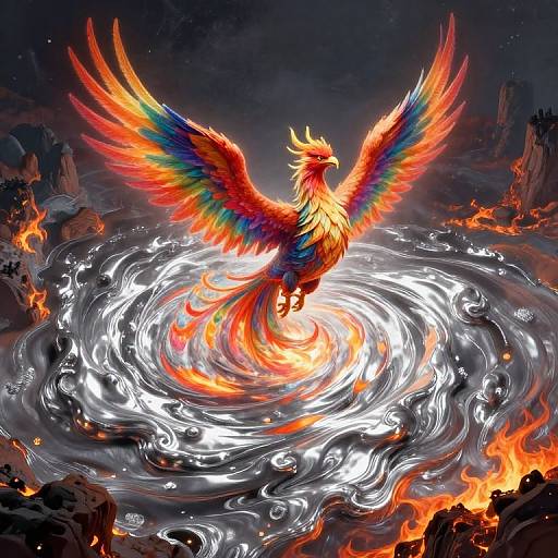 Digital illustration of a vibrant, rainbow-feathered phoenix standing in a swirling, fiery, water-like vortex, surrounded by dark rocks and glowing lava.