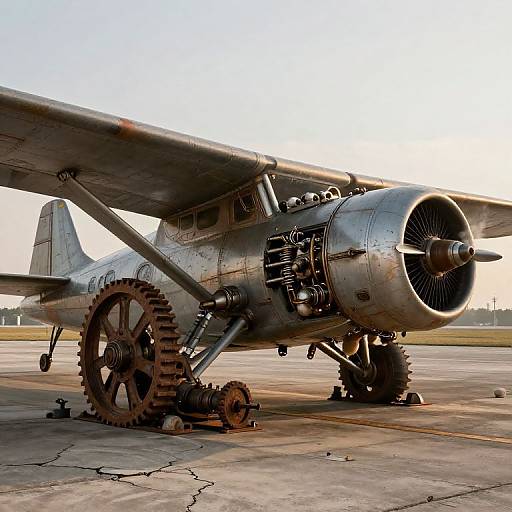 Photograph of a vintage, silver military propeller plane with rusted gear, large engine, and visible landing gear on a concrete runway.