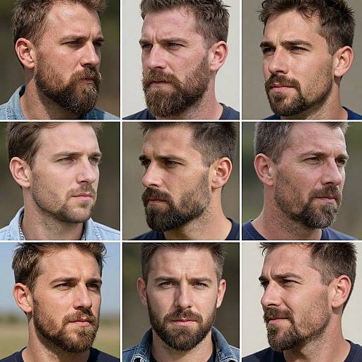Photographic collage of a white bearded man with short brown hair, wearing various casual shirts, in six different close-up portraits.