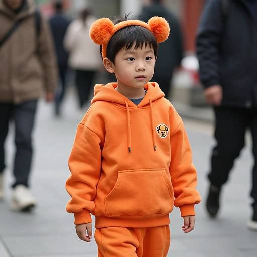 Young Boy in Orange Hoodie with Ears