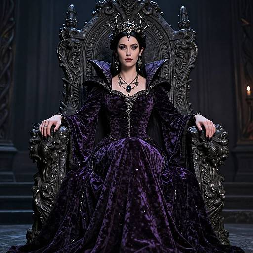 Photograph of a pale-skinned woman with dark hair, wearing a purple velvet Gothic gown and crown, seated on an ornate, dark wooden throne