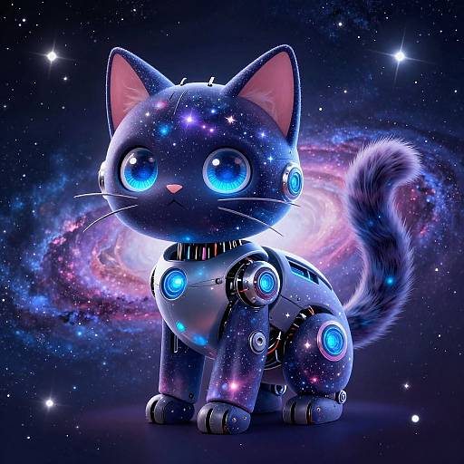Digital art of a glowing, robotic blue cat with large, starry eyes, set against a cosmic background with swirling galaxy colors.