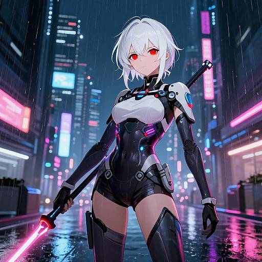 Digital anime artwork of a white-haired, red-eyed, cybernetic woman in a black and white bodysuit holding a glowing red lightsaber in