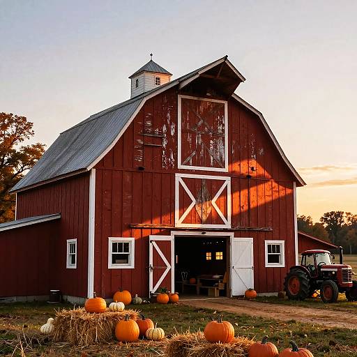 Red Barn with Pumpkins at Sunset