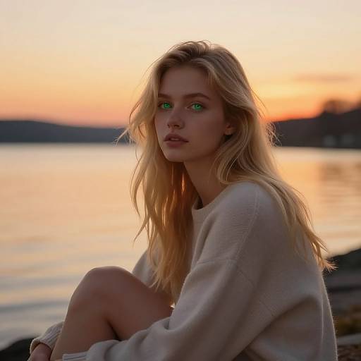 Photograph of a blonde woman with green eyes, wearing a white sweater, sitting by a sunset-lit lake, with soft orange and yellow hues in