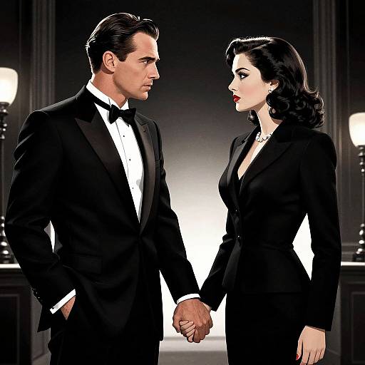 Illustration of a handsome man and elegant woman in black tuxedos and blazers, holding hands, facing each other, in a dimly