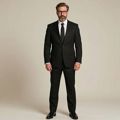 Photograph of a middle-aged white man with brown hair, beard, and glasses, wearing a black suit, white shirt, and black tie, standing