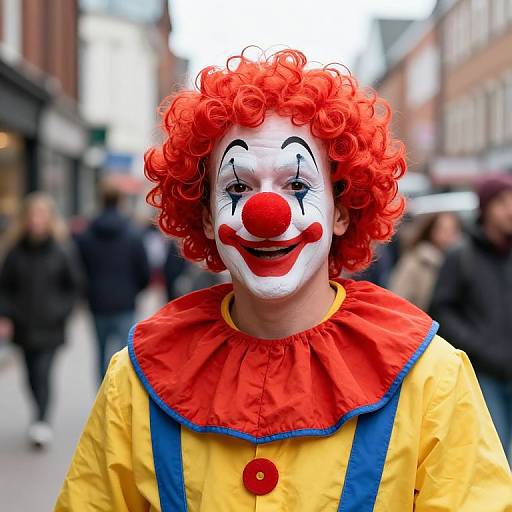 Photograph of a cheerful clown with vibrant red curly hair, white face paint, red nose, and yellow outfit with red ruffle, standing on a