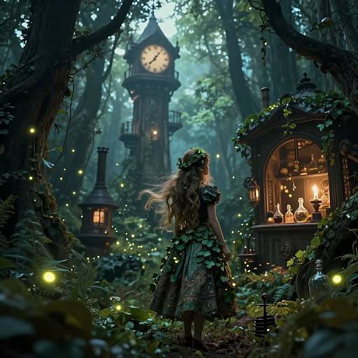 Enchanted forest scene: long-haired girl in leafy dress, crowned with greenery, gazes at glowing clock tower and lantern-lit cottage