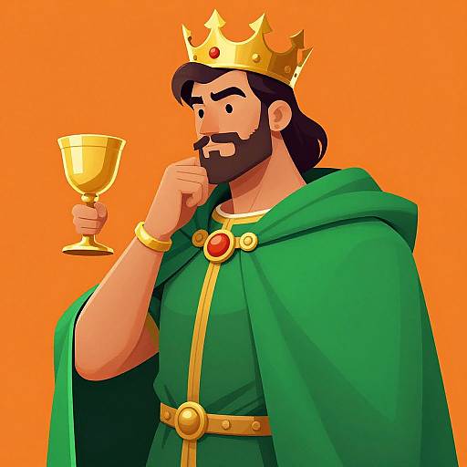 Cartoon king with brown beard, green cloak, gold crown, and chalice, thinking, against orange background. Digital illustration, vibrant colors.
