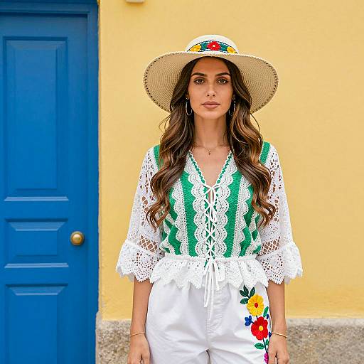 Woman in Embroidered Hat and Lace Outfit