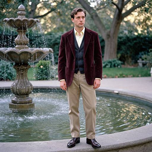 Photograph of a young man with fair skin, dark hair, wearing a dark velvet blazer, white shirt, and beige pants, standing in front