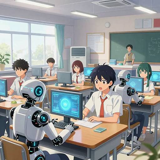Anime-style classroom scene with five students, including one robot, working on computers. Bright room with chalkboard and teacher in background. Digital art.