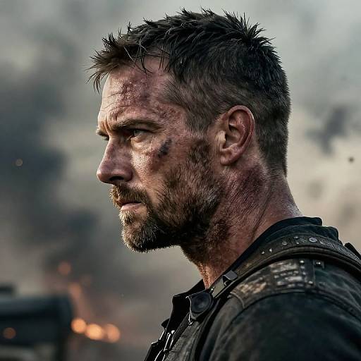 Photograph of a dirty, bearded man with tousled hair, wearing a dark, worn jacket, in profile against a smoky, fiery background