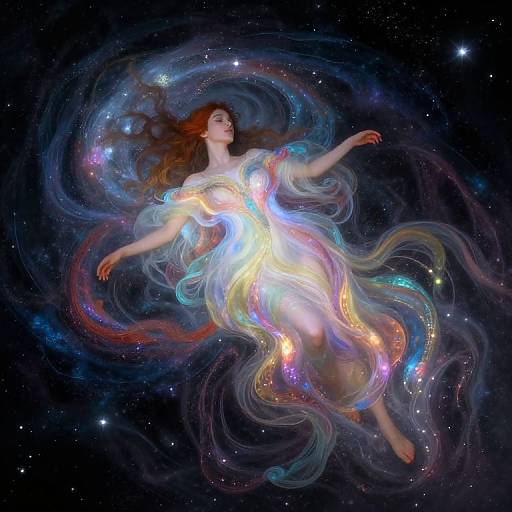 Digital painting of a celestial woman with flowing, multicolored ethereal dress, floating in space with stars and cosmic swirls.