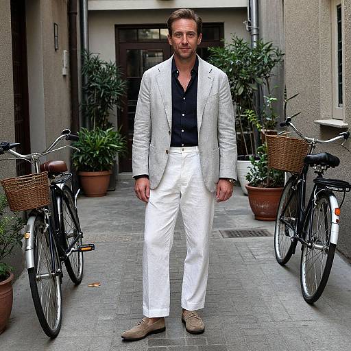 Photograph of a handsome man in a light gray blazer, black shirt, white pants, and brown shoes, standing between two bicycles in a p
