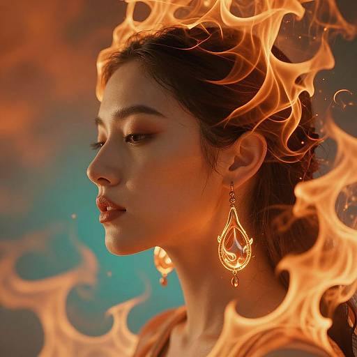 Photograph of a woman with dark hair engulfed in orange flames, wearing ornate teardrop earrings, against a blue gradient background.