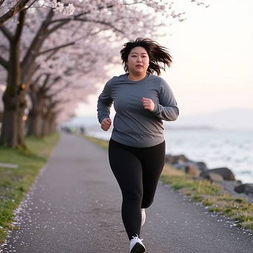 Asian woman jogging on a cherry blossom-lined path, wearing a gray long-sleeve shirt and black pants, with white sneakers.