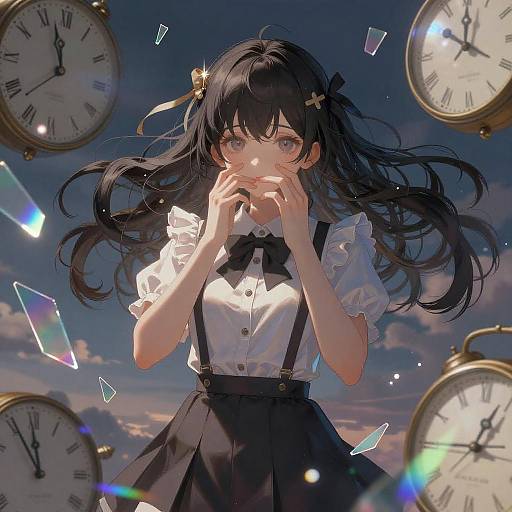 Anime Girl with Floating Hair and Clocks