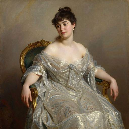 Portrait of a fair-skinned woman with dark hair, wearing an off-shoulder, shimmering silver gown, seated on an ornate gold chair