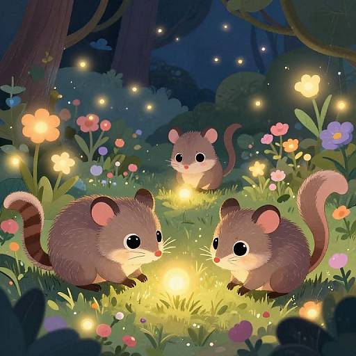 Digital illustration of three cute, fluffy, brown, fairy-like mice with large eyes, surrounded by glowing fireflies, colorful flowers, and a bright light