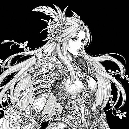 Detailed black-and-white digital drawing of a long-haired, armored woman with floral headpiece, butterflies, intricate armor, and intense gaze.