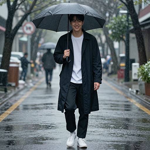 Photograph of a smiling Asian man in a black coat, white t-shirt, black pants, and white sneakers, holding a black umbrella, walking in