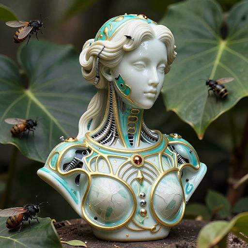 Porcelain Biomechanical Woman Bust with Insects