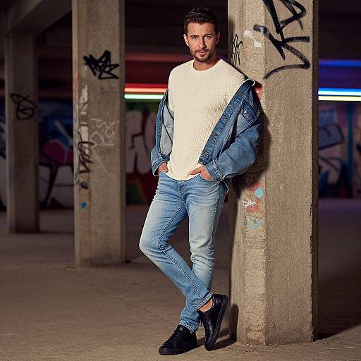 Photograph of a bearded man in a white ribbed shirt, blue jeans, and denim jacket, leaning against a graffiti-covered concrete pillar in an