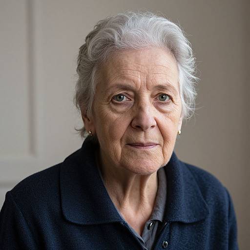 Photograph of an elderly woman with white hair, wearing a dark blue coat, small earrings, and a subtle smile against a plain white background.