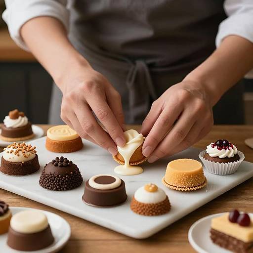 Photograph of hands decorating assorted macarons with cream and cherry toppings on a white rectangular tray, wooden table background.