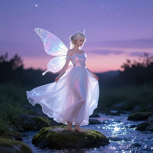 Photograph of a fairy-like woman with glowing white wings and dress, standing on a mossy rock by a sparkling stream, against a twilight sky with