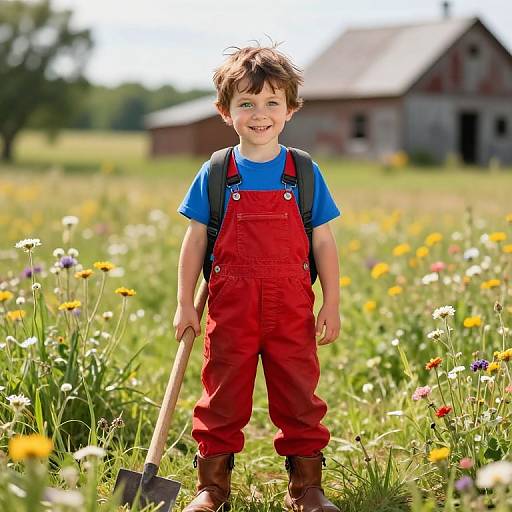 Photograph of a smiling young boy with brown hair, wearing red overalls, blue shirt, brown boots, holding a shovel, standing in a colorful