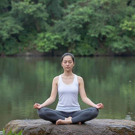 Photograph of an Asian woman with black hair in a white tank top and black pants, meditating in a lotus position on a rock by a
