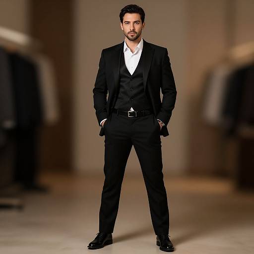 Photograph of a handsome, bearded man with dark hair, wearing a black three-piece suit, white shirt, and black shoes, standing confidently on