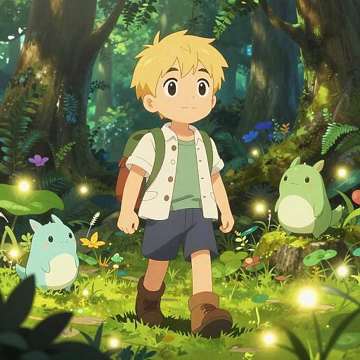 Anime-style drawing of a blonde boy in a white shirt, blue shorts, brown boots, backpack, surrounded by glowing fireflies and cute, green,