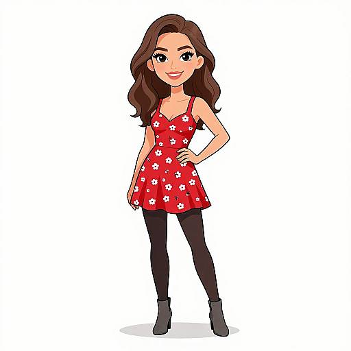 Cartoon-style illustration of a smiling woman with long brown hair, wearing a red floral dress, black leggings, and black ankle boots, standing confidently against