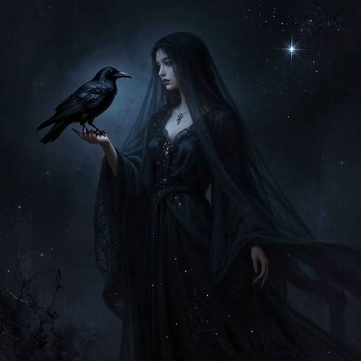 Dark fantasy digital painting: Pale woman with long black hair and veil, dressed in black, holds a raven under a starry night sky.