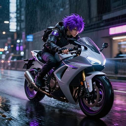 Digital anime-style illustration of a purple-haired biker in a black leather jacket riding a white sportbike at night, rain pouring down, neon lights reflecting