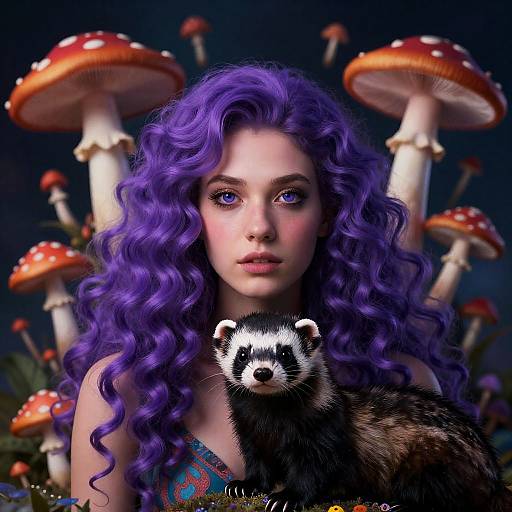 Digital fantasy portrait of a woman with vibrant purple curly hair, blue eyes, wearing a colorful dress, holding a ferret, surrounded by large red and