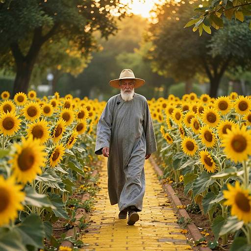 Photograph of an elderly white man with a white beard, wearing a wide-brimmed hat and gray robe, walking through a sunlit sunflower