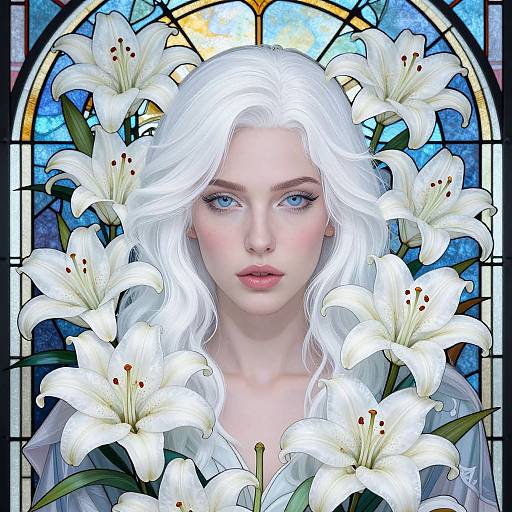 Digital artwork of a fair-skinned, blue-eyed woman with white, wavy hair surrounded by white lilies, set against a colorful stained glass window