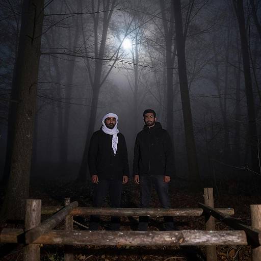 Two Men in Foggy Nighttime Forest
