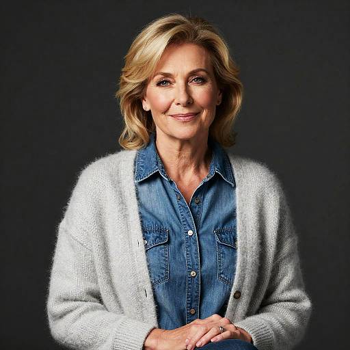 Smiling Middle-Aged Woman in Denim Shirt and Gray Cardigan
