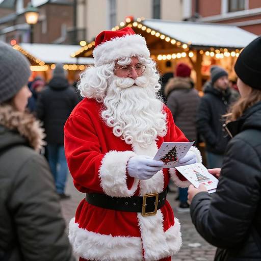 Photograph of a Santa Claus with white beard, red suit, and glasses, holding papers, standing in a festive, illuminated outdoor market.